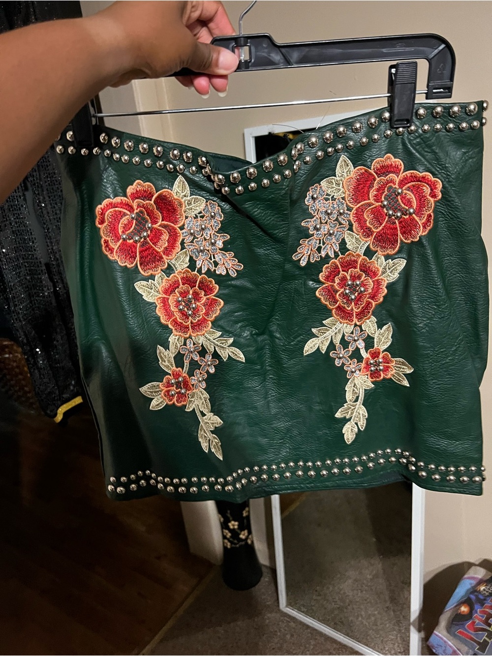 Romeo & Juliet Couture Dark Green Mini Skirt with Red Floral Embroidery - Picture 5 of 5